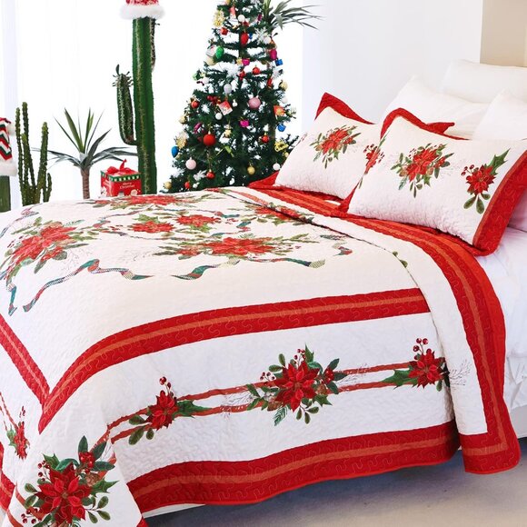 NEW! Quilt Christmas Theme Bedding Set with Pillow Shams Reversible Red Floral - Picture 7 of 8